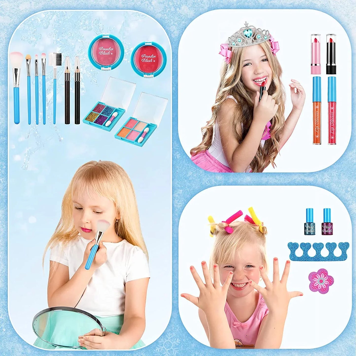 & Set Makeup Girls with Pcs Safe Kids Makeup Princess, Toddler 24 Washable Real Makeup Kids Kit Frozen Gift Set for for Toy Cosmetic Years Old Non-Toxic Toys 3-12 (Blue) for Kit Girls, Makeup Bag,