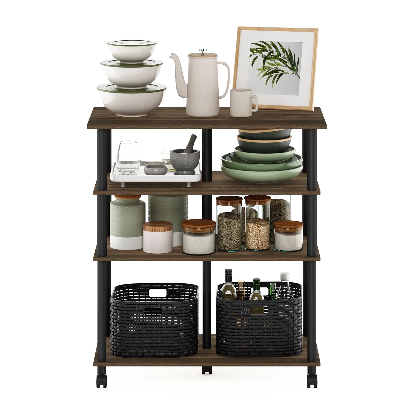 wheels, 4-Tier Columbia Kitchen on Walnut/Black Rolling Helena Furinno Island