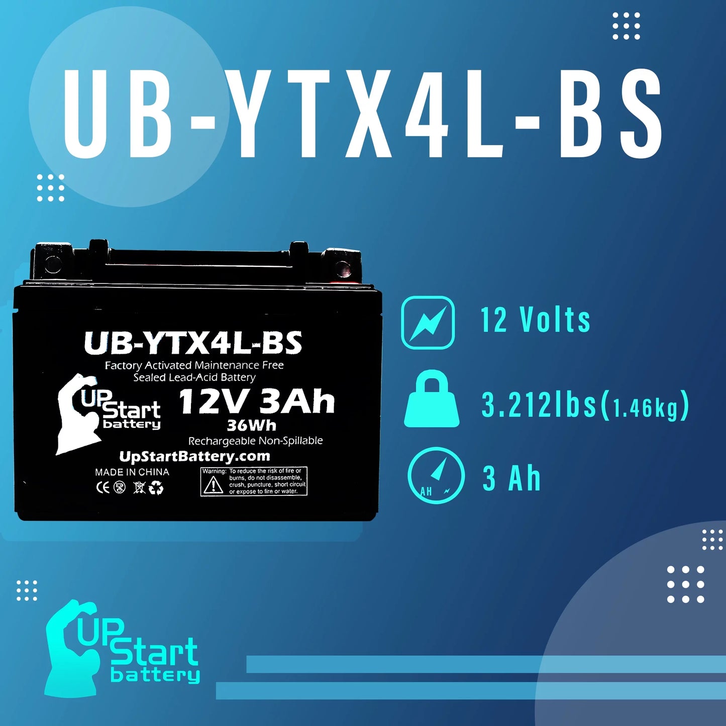 Activated, UB-YTX4L-BS Quest for DS90F, UpStart ATV Maintenance 3-Pack (Can-Am) Factory 3Ah, 90CC 12V, Battery Bombardier Free, - Battery DS90, Replacement 2002