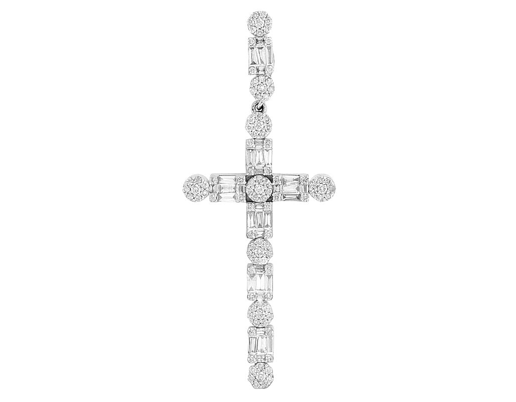 2" Diamond Unisex 10K White Gold Baguette 1.2CT Real Cluster Cross Flower