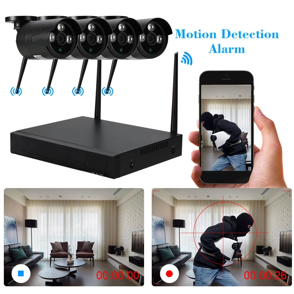 with Phone Control NVR P2P Detection Outdoor Vision System 4pcs Waterproof for Night HD WiFi IR-CUT Support Motion IP Kit WiFi 1.0MP Camera CCTV Wireless 1080P 4CH