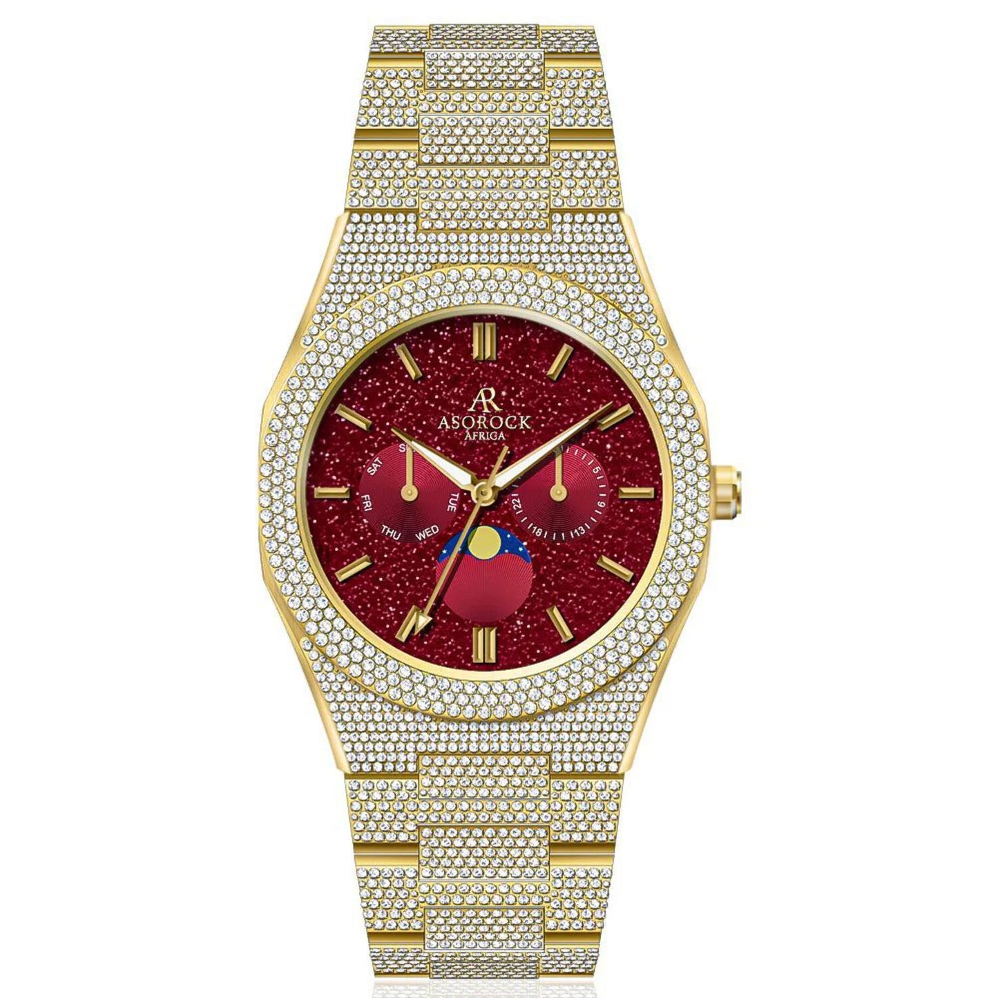 transporter - Asorock | bezel Yellow - 44mm | strap CZ diamond Small diamond Fully | iced watch Watches Iced Gold/Red