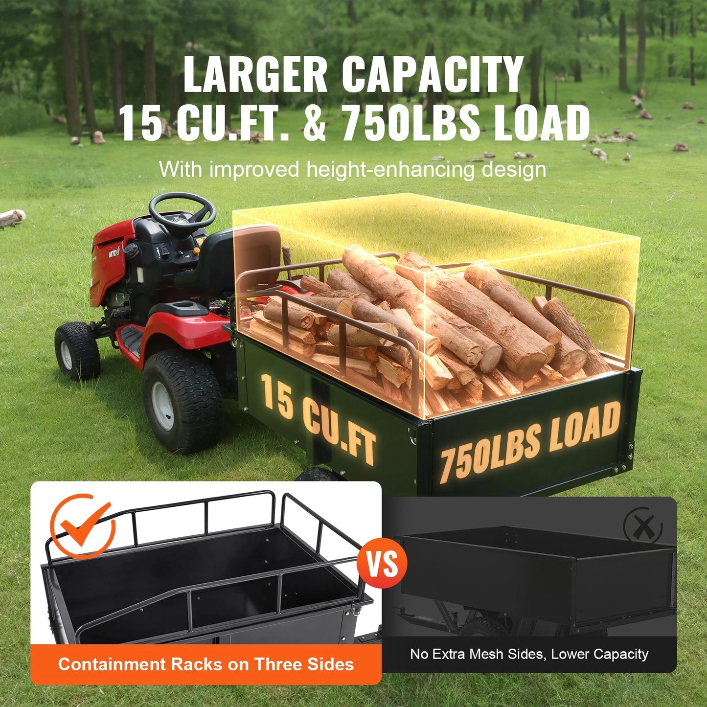 with for 15 Duty VEVOR 750lb Garden Dump Utility Lawn Riding Steel Cubic Trailer, Capacity, Cart Feet Trailer Tractor Mower Heavy ATV