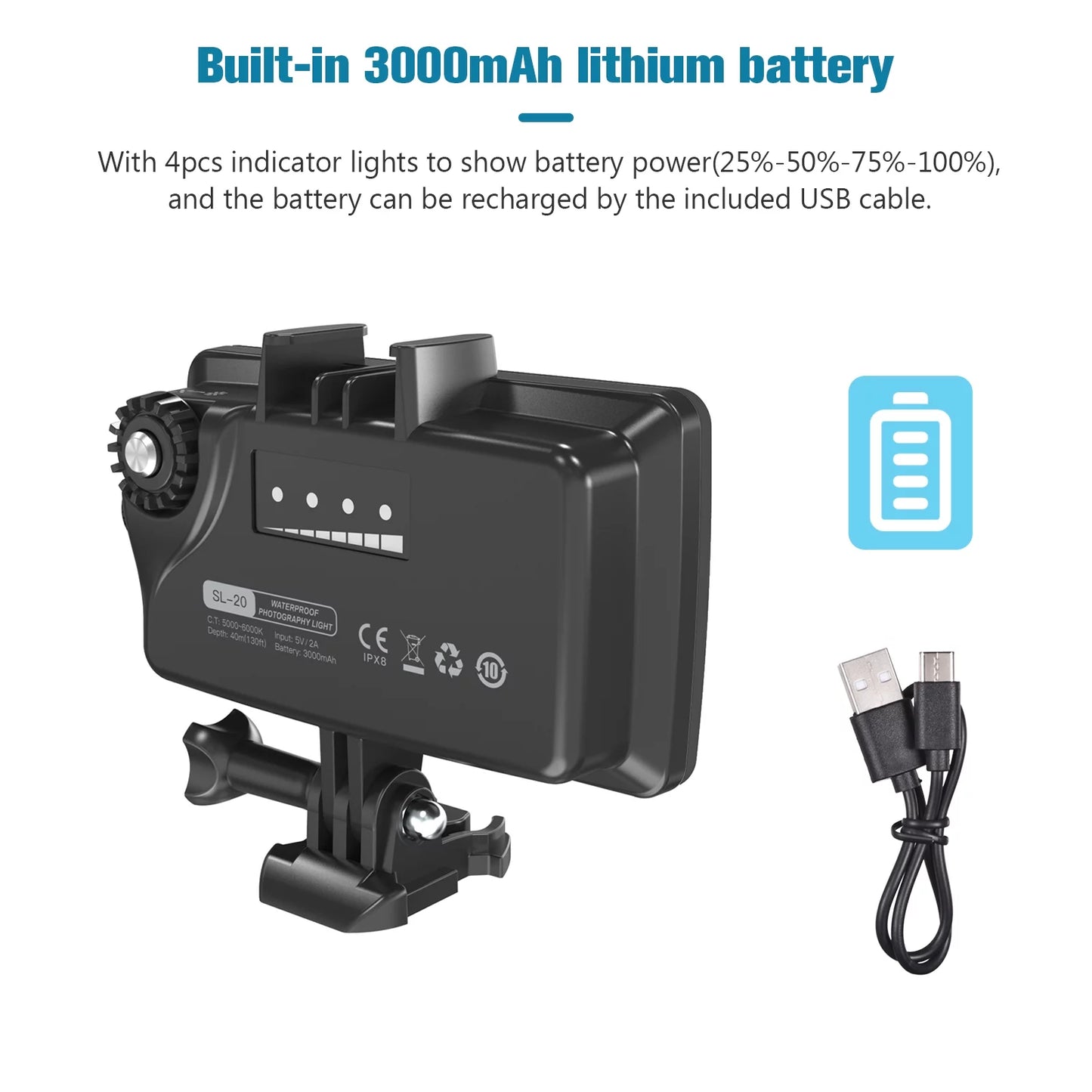 Video Fill Photography CRI95+ Snorkeling Dimmable Underwater Built-in Rechargeable for RGB IPX8 Underwater Replacement SL-20 Modes for Battery Waterproof 8 Video Tomshoo 40M Diving