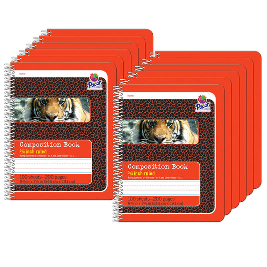 9.75" Pack Spiral of Bound, 12 Book, Composition Ruled, Primary Red/Tiger, 200 x Pages, 7.5", 5/8"