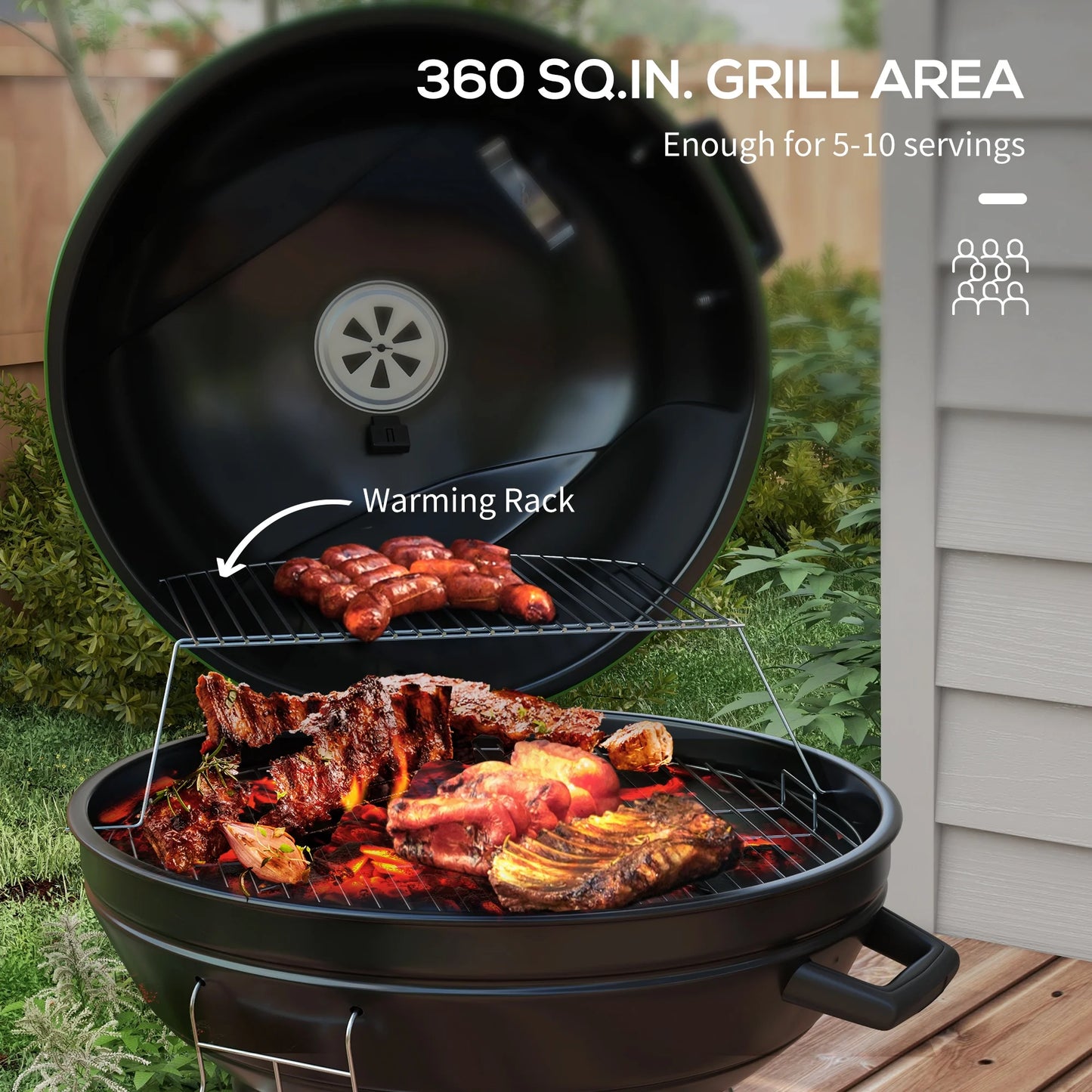 Thermometer Grill Sq.In. for CoSoTower Shelf, Wheels, BBQ Ash Outdoor Party, Green Patio, 360 Area, and Cooking Charcoal Backyard Trolley Kettle 21" Catcher Barbecue with with Built-In