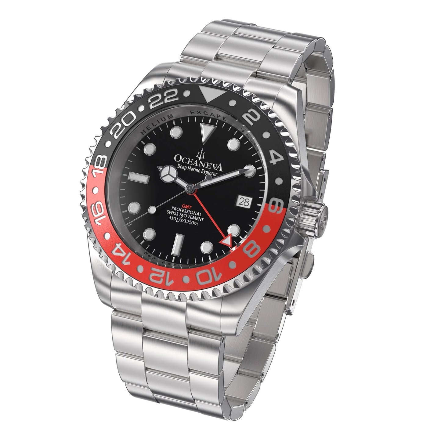 Stainless Diver 1250M Men's Movement Pro Deep and Red Swiss Quartz, Bracelet Watch GMT Black- Marine Explorer Oceaneva™ Steel