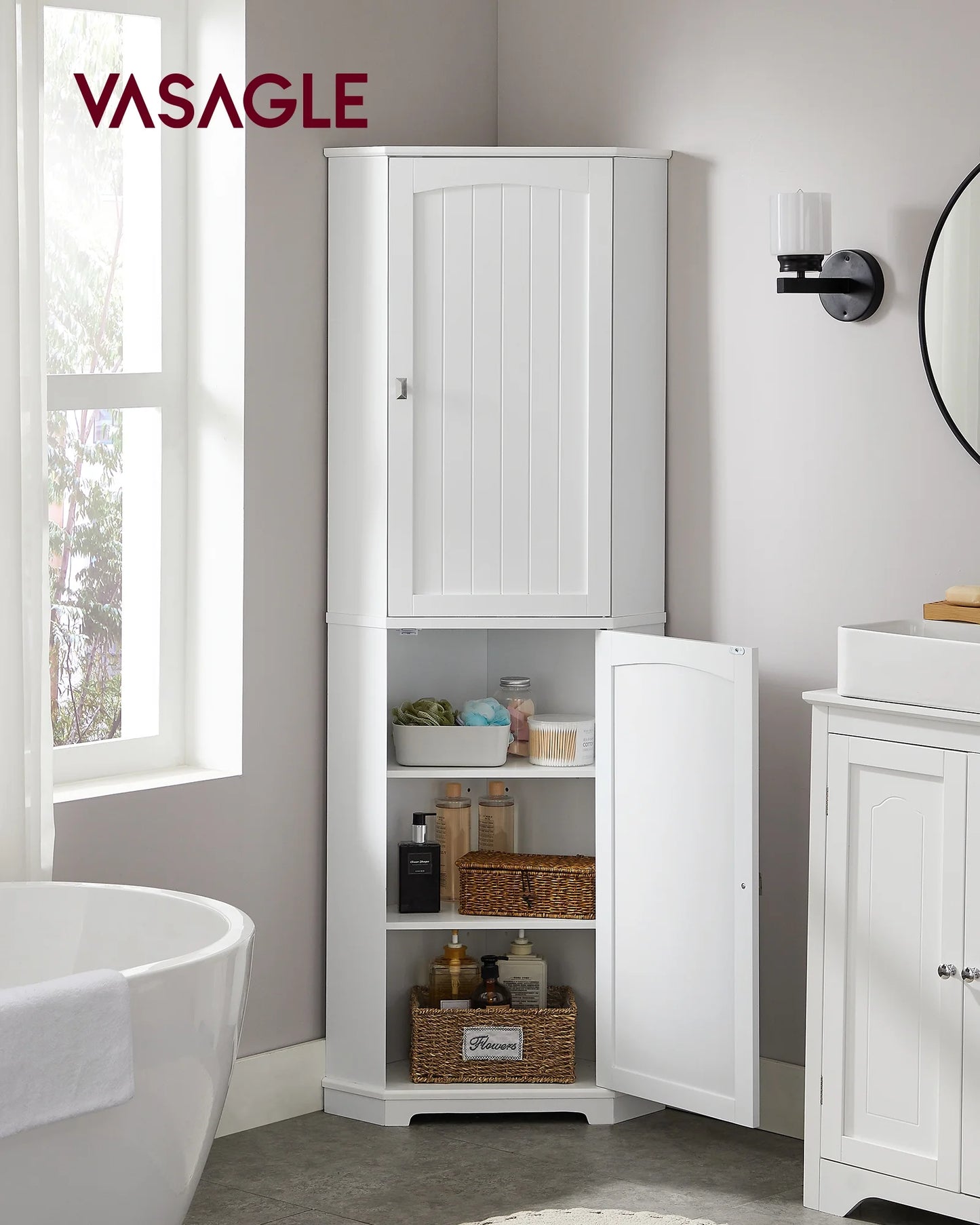 Tall Doors Shelves Cabinet Modern Storage Bathroom White Cabinet 2 4 Corner Farmhouse Design, with VASAGLE Floor Adjustable and Cabinet