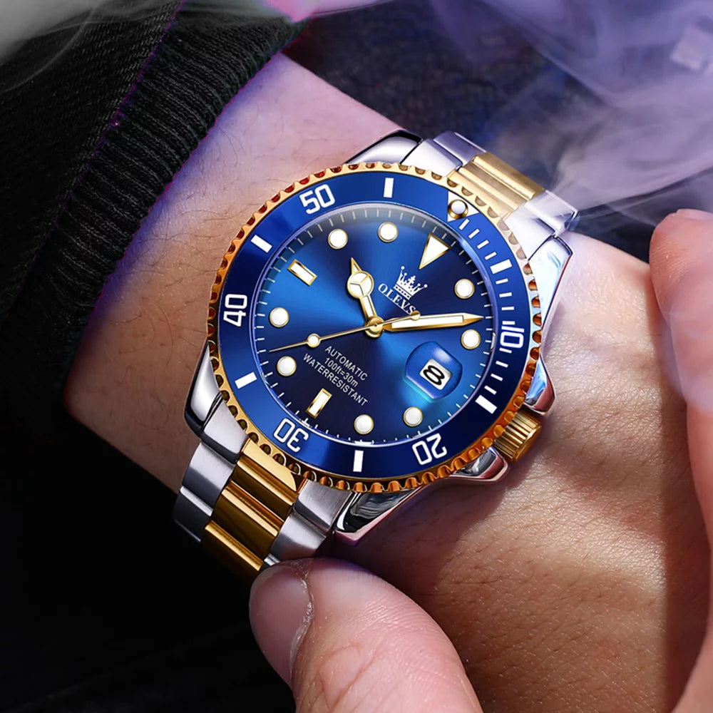 Adult Blue for Men Wristwatch Gold Two-Tone Automatic 6650A Male Date Olevs