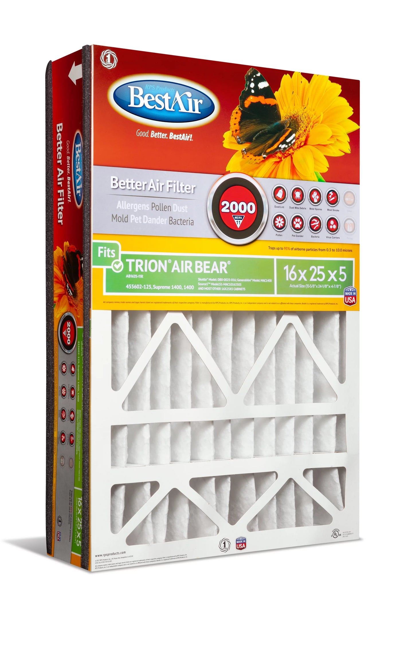 2000 BestAir Trion/AirBear 16x25x5 Series MERV 11 Furnace Filter AB1625-11R