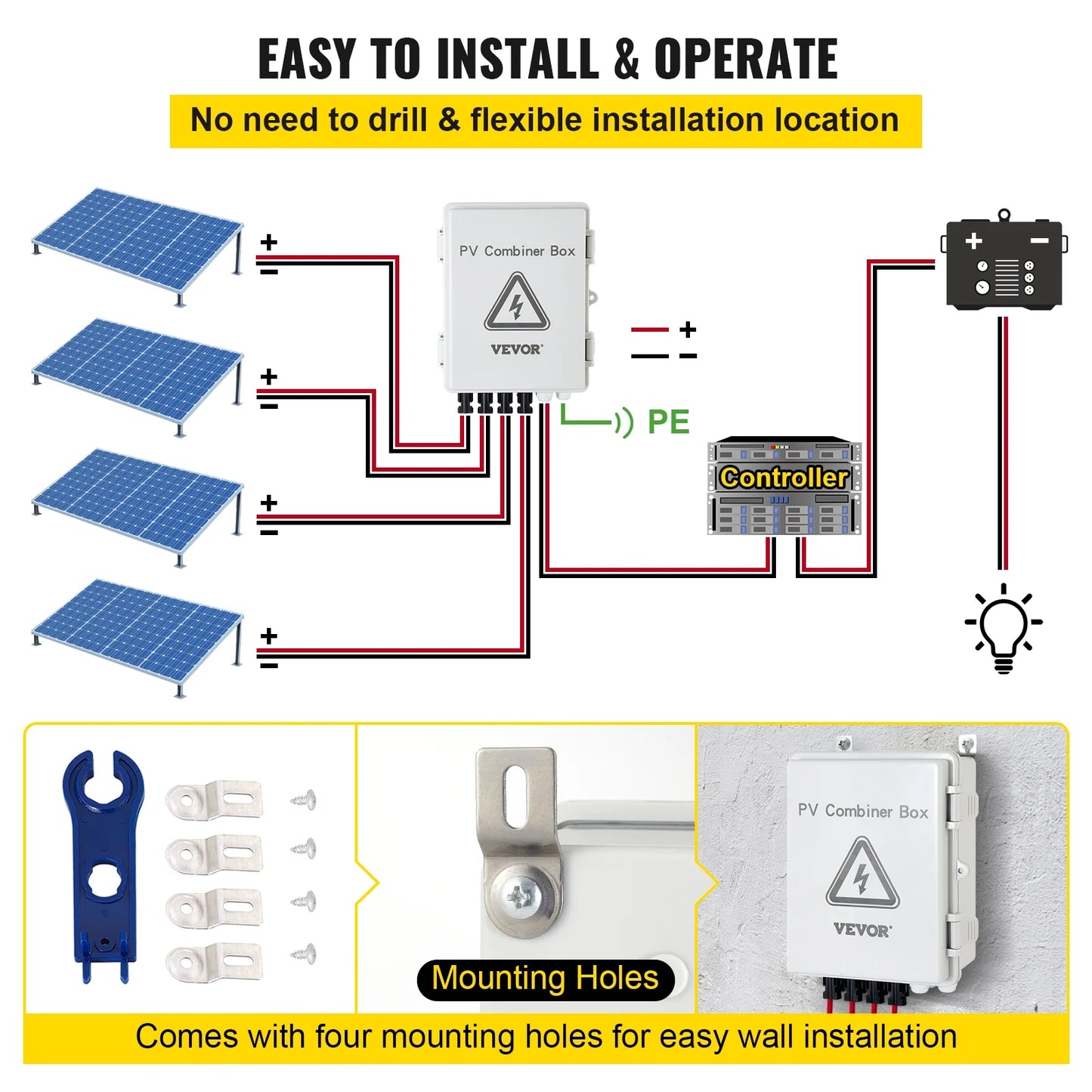 VEVOR Lightning Box, 4 System, 63a Off Current Box Breaker, Solar PV Combiner Waterproof Combiner On Fuse, IP65 for and Rated Solar Circuit Panel String, 15a Solar Grid with Connector, / Arreste