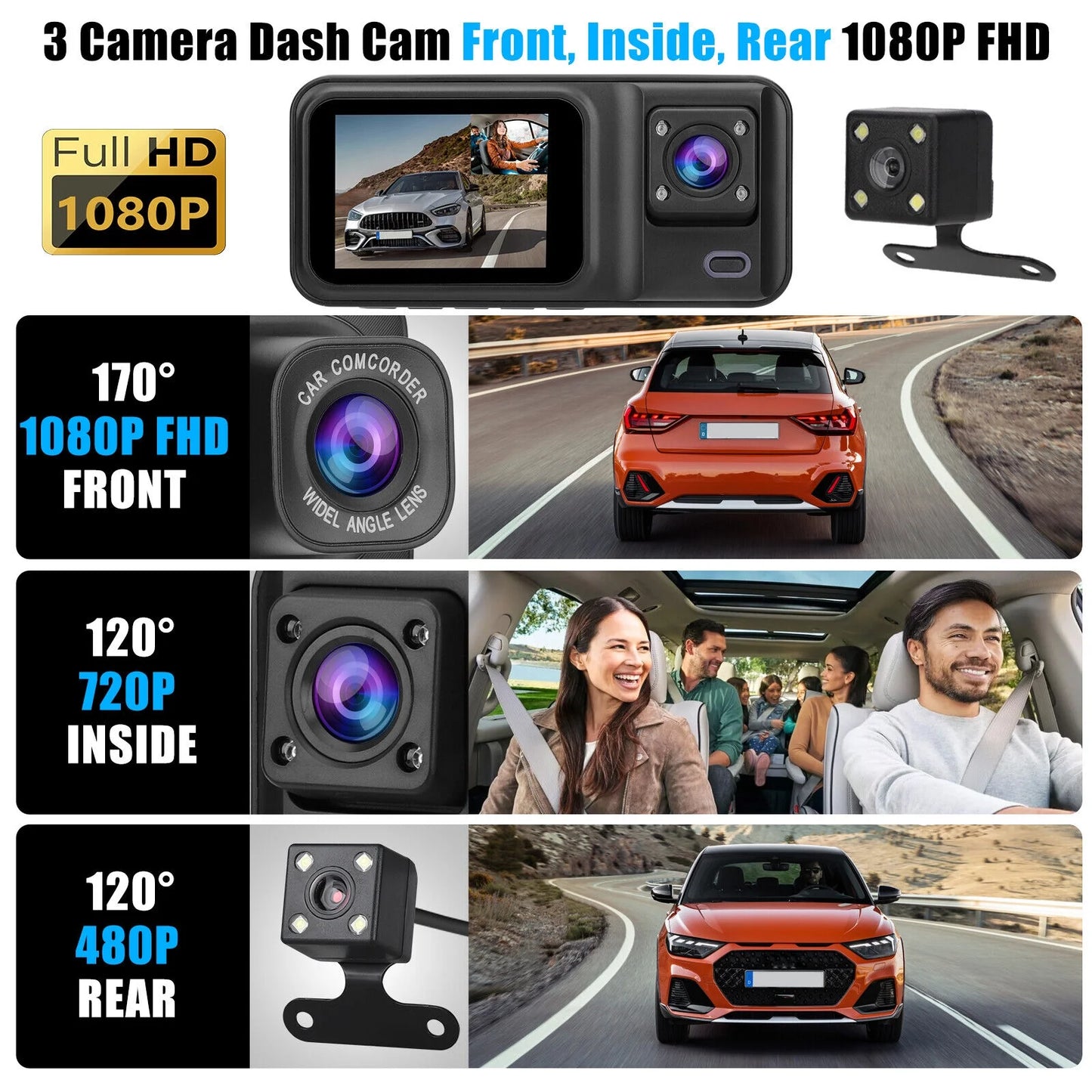 1080P Dash Camera G-sensor 3 Dual Video 170° Lens Car Recorder Channel 2" Cam HD