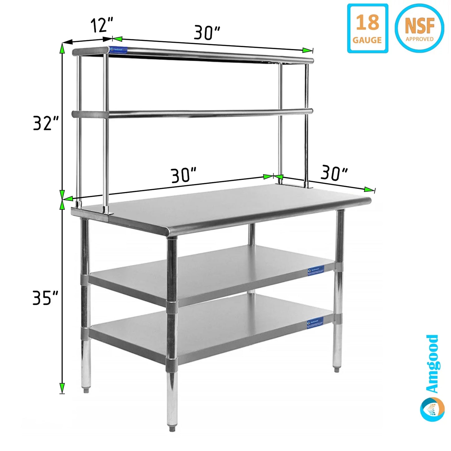 With 30" Stainless Wide Metal Work & Table 12" Shelving Prep Double | Overshelf Two 30" Shelves Steel Combo Table x | Kitchen Tier