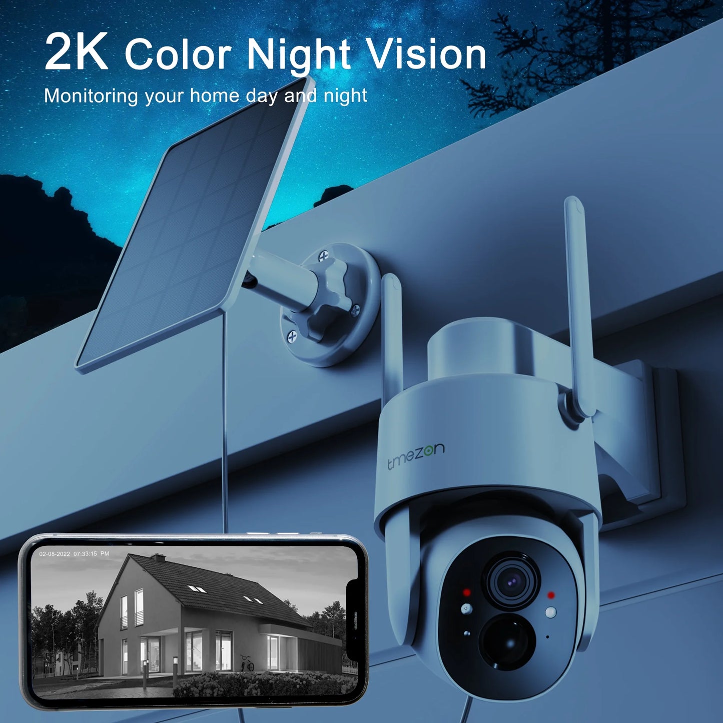 Surveillance Waterproof Camera WiFi PTZ 2K Powered Camera Wireless, for Home Wireless TMEZON Night Control, , Smart Outdoor Security Vision,IP66 Solor