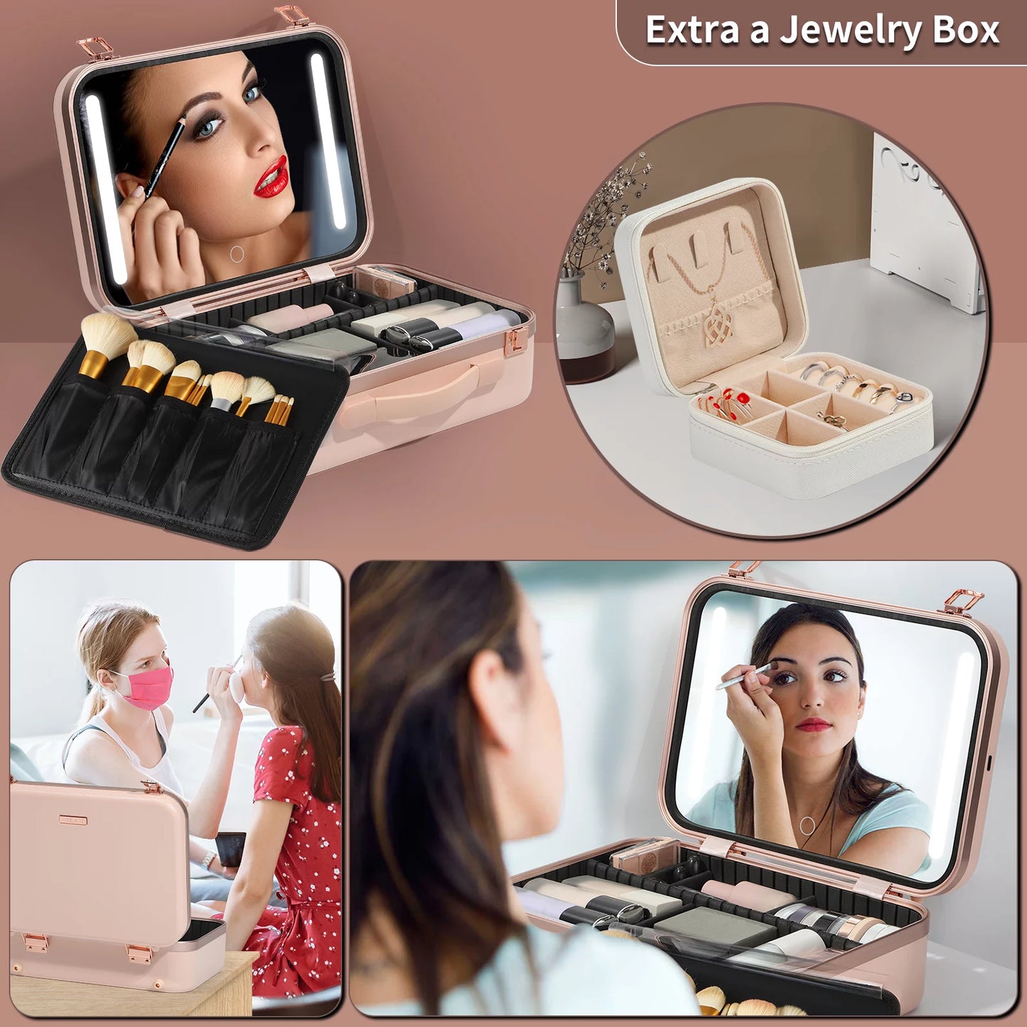 & Case Light Box with Jewelry Organizer Pink ZXMT & Makeup Case 15" Mirror with Cosmetic Brushes Train Board