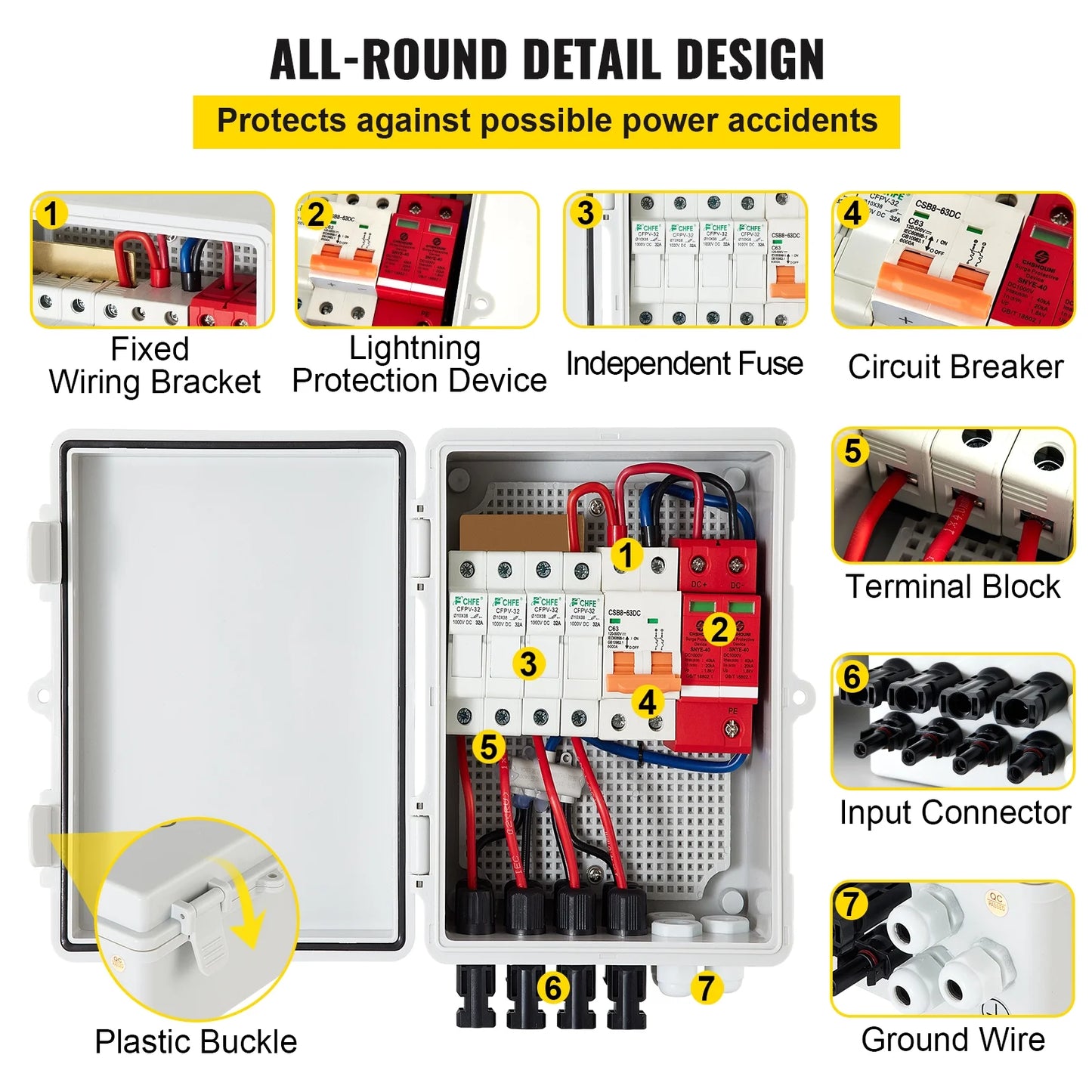 VEVOR Lightning Box, 4 System, 63a Off Current Box Breaker, Solar PV Combiner Waterproof Combiner On Fuse, IP65 for and Rated Solar Circuit Panel String, 15a Solar Grid with Connector, / Arreste