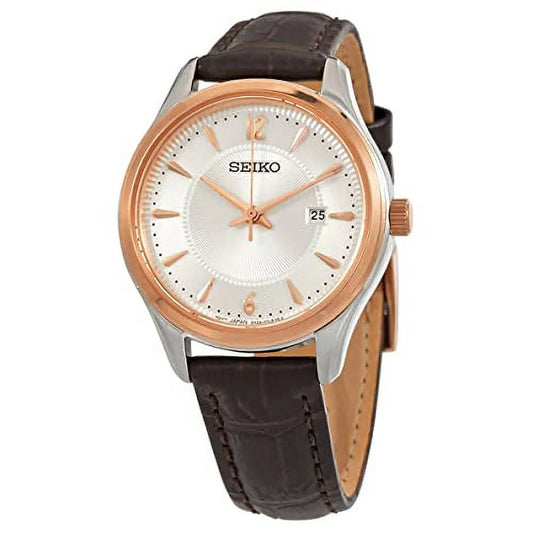 Stainless Steel Seiko SUR428 Gold Rose Brown and Leather Watch Women's