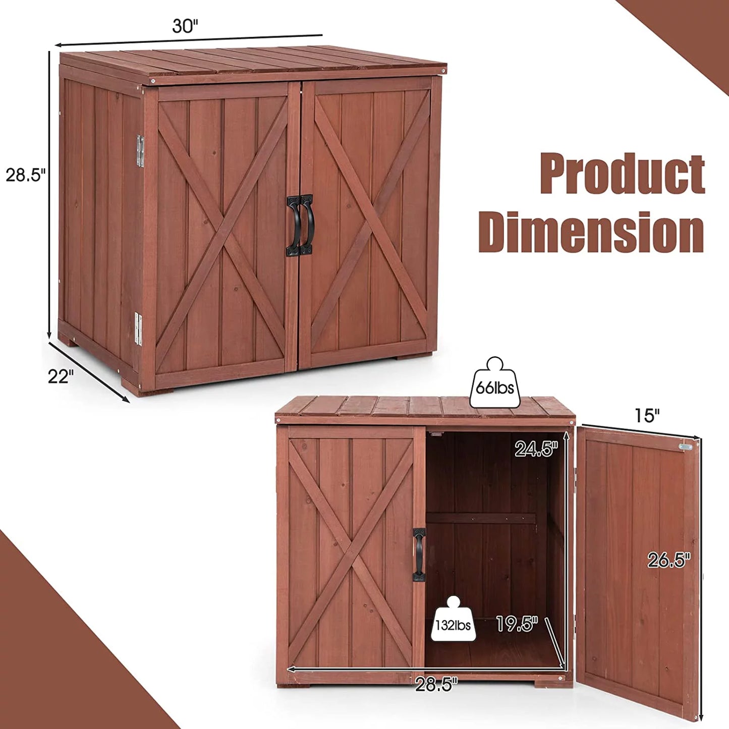 Wooden 30" 28.5" Porch, Outdoor Cabinet Deck Assembly, x 22" Backyard & Storage Box Inner Box, for Countertop, Storage W/Spacious Tool 30" Space x Storage Easy (Brown) Garden