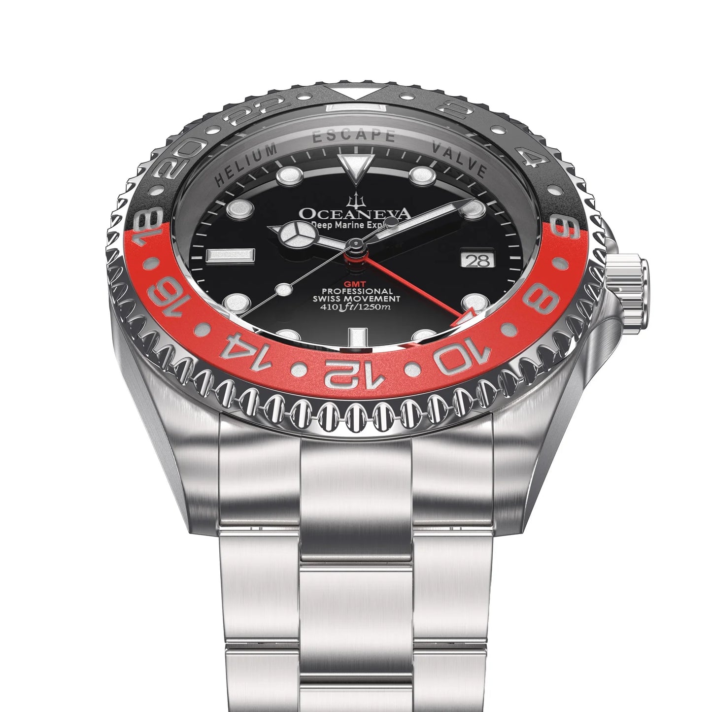 Stainless Diver 1250M Men's Movement Pro Deep and Red Swiss Quartz, Bracelet Watch GMT Black- Marine Explorer Oceaneva™ Steel