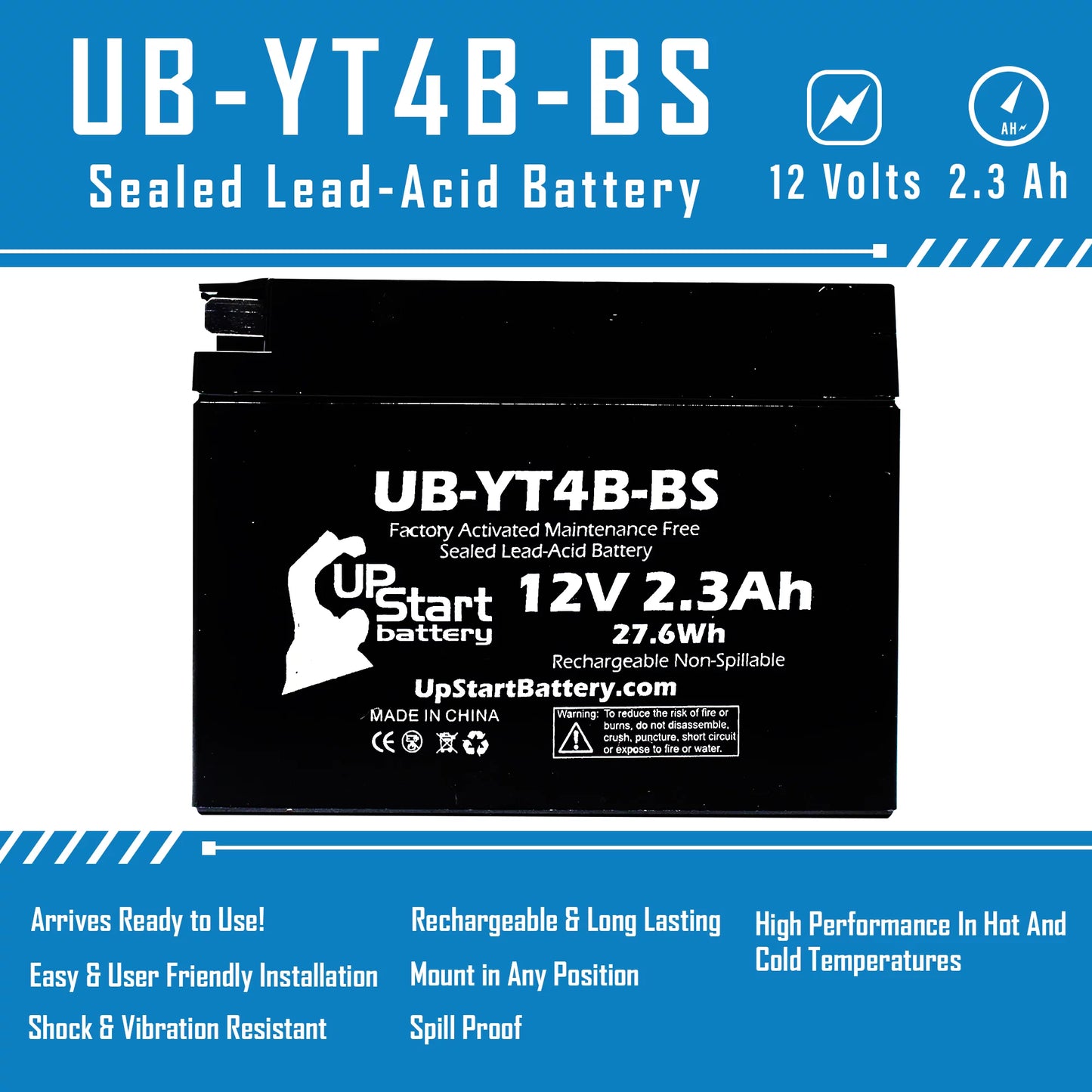 UpStart UB-YT4B-BS SR400 Activated, 400CC for (FI) Free, 2010 2.3Ah, - Maintenance Replacement 4-Pack Factory Motorcycle 12V, Battery Yamaha Battery