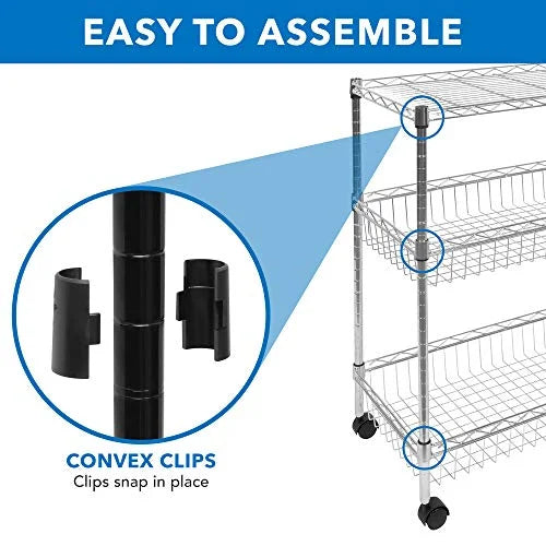 Trolley and | | Mesh Kitchen Multi-Function and | Rolling with Cart Storage Metal Organization Handle Cart Wire Silver Storage 3-Tier Heavy-Duty Wheels Mount-It! for