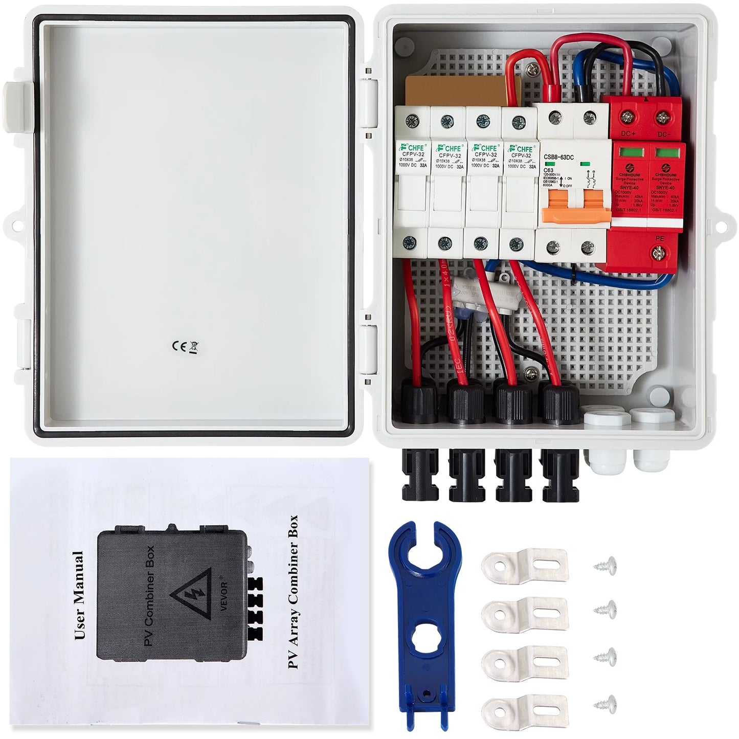 VEVOR Lightning Box, 4 System, 63a Off Current Box Breaker, Solar PV Combiner Waterproof Combiner On Fuse, IP65 for and Rated Solar Circuit Panel String, 15a Solar Grid with Connector, / Arreste