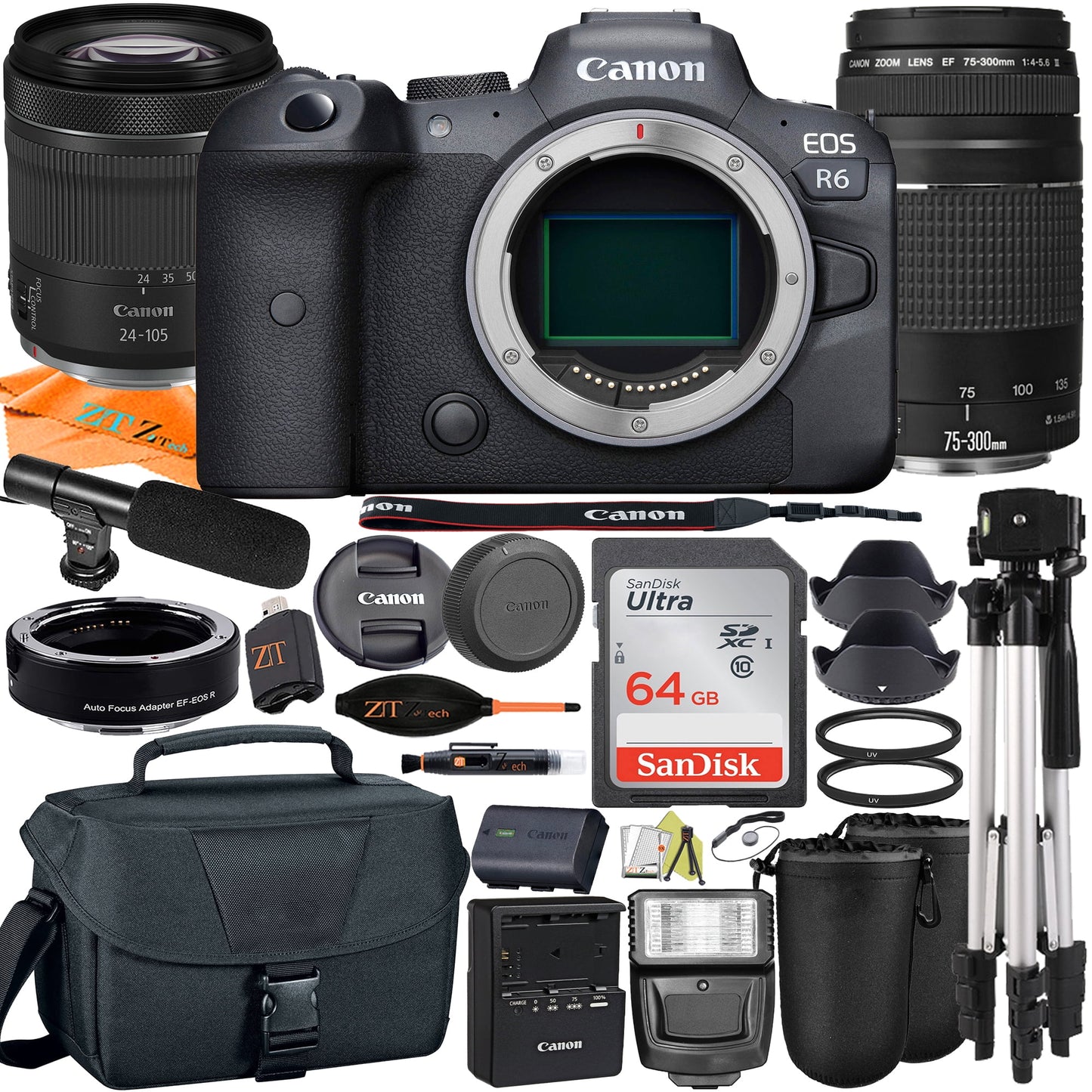 + RF Adapter 64GB + Mount Lens SanDisk with R6 Digital Accessory Mirrorless Canon + EOS Camera ZeeTech STM 24-105mm + 75-300mm