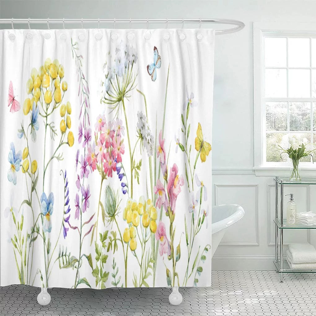 Tansy Tender Curtain inch Blue Pansies Shower Watercolor Wildflowers 66x72 Yellow Pink Buttercup Libin