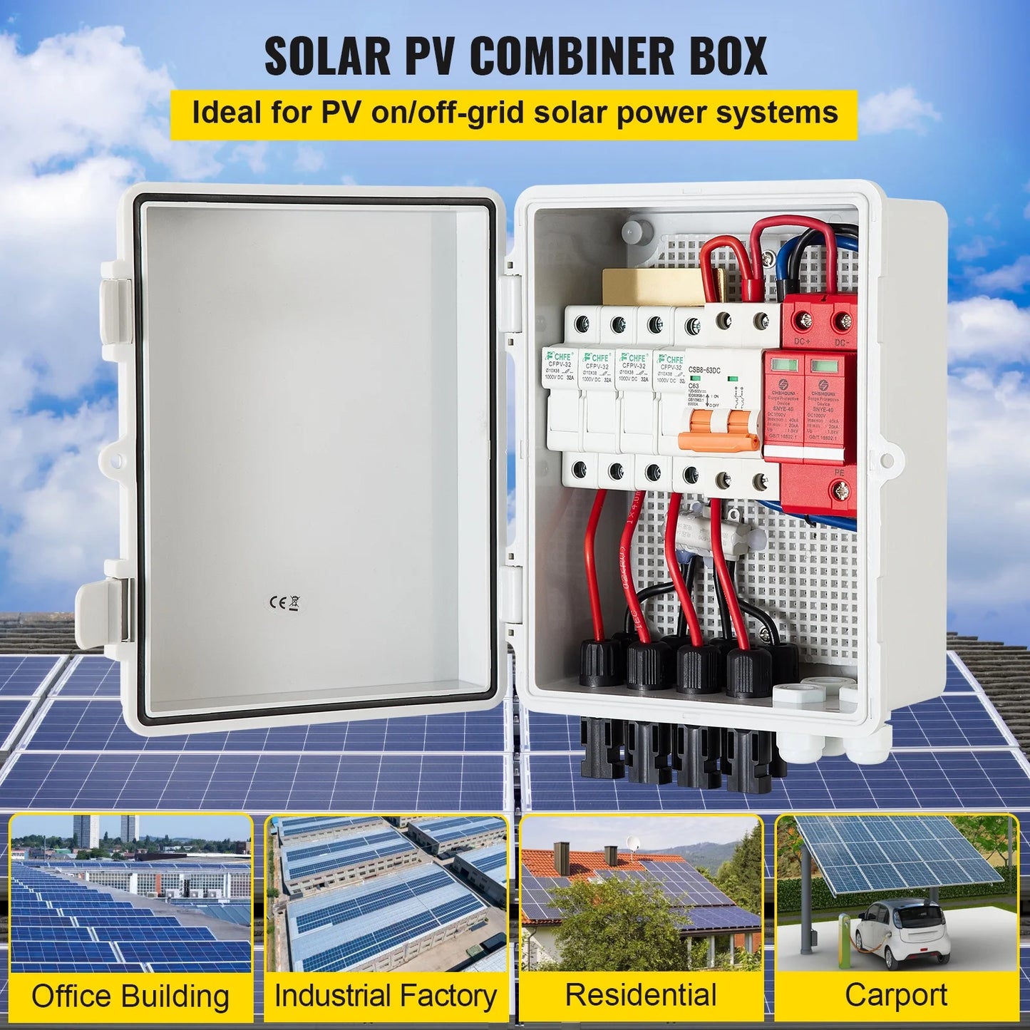 VEVOR Lightning Box, 4 System, 63a Off Current Box Breaker, Solar PV Combiner Waterproof Combiner On Fuse, IP65 for and Rated Solar Circuit Panel String, 15a Solar Grid with Connector, / Arreste