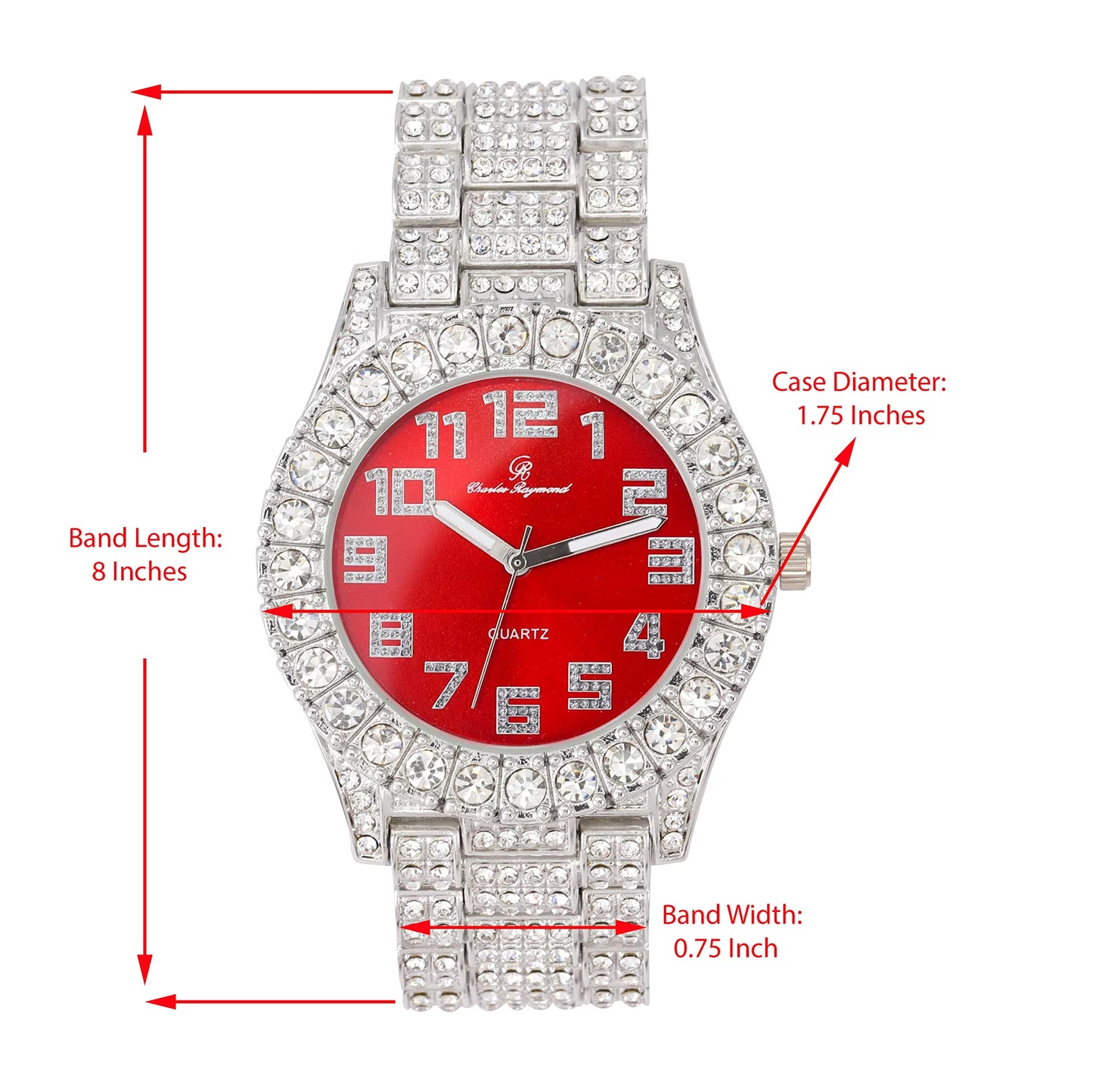 - Blinged Red Hop Out Dial Big Watch Colorful Silver Single Charles Mens Raymond ST10327AR Iced Rocks Blood Out with Hip Numerals Fully