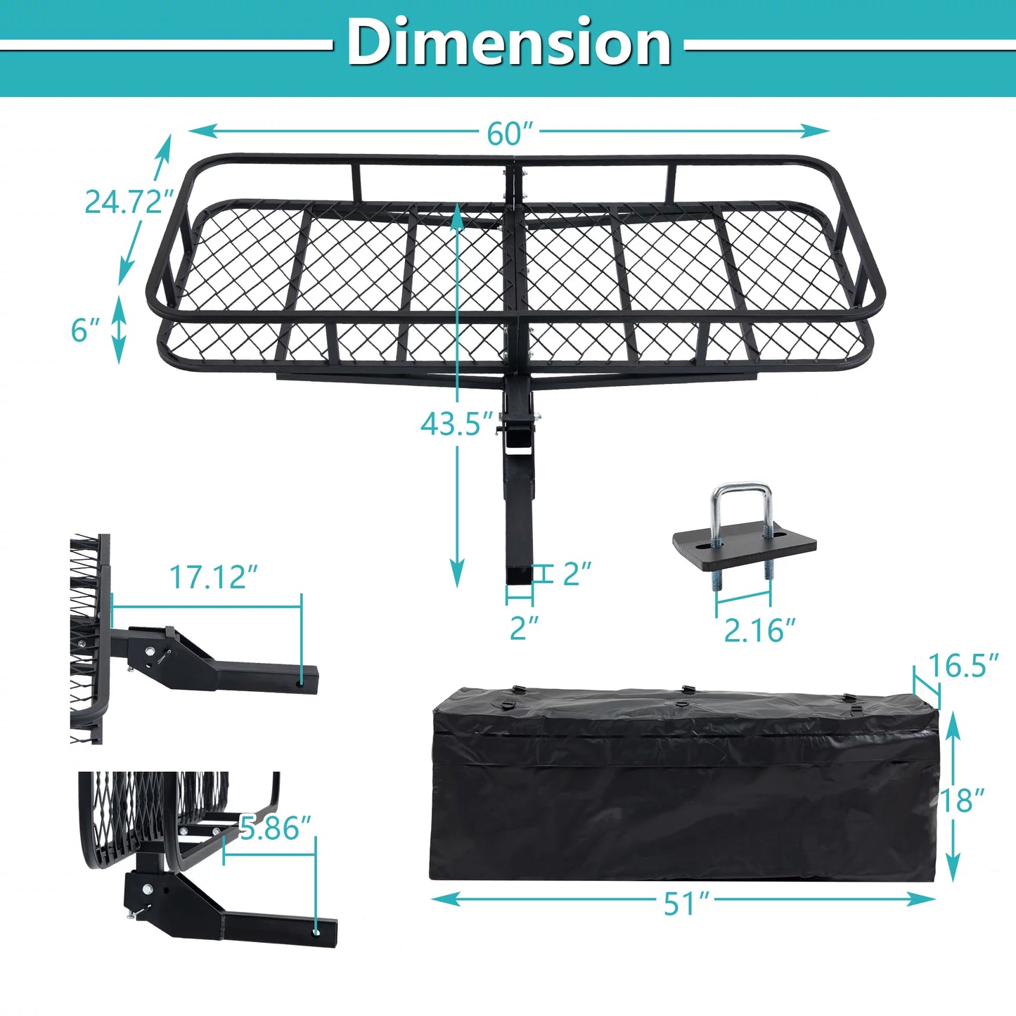 60" 24" lb Folding Black x SUV Cargo Car 6" Truck Mounted Basket Trailer, a Capacity with for 500 Hitched x