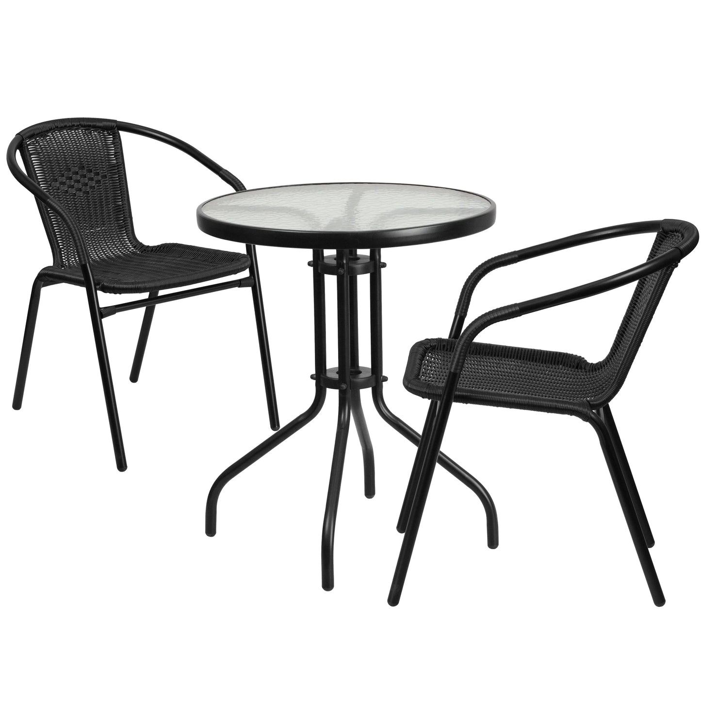 x Round 28"H Furniture Rattan x 23.75"D x Stack Metal 23.75"D 23.75"W - Glass 23.75"W Chairs with - 23.75" Flash Table x 2 28"H