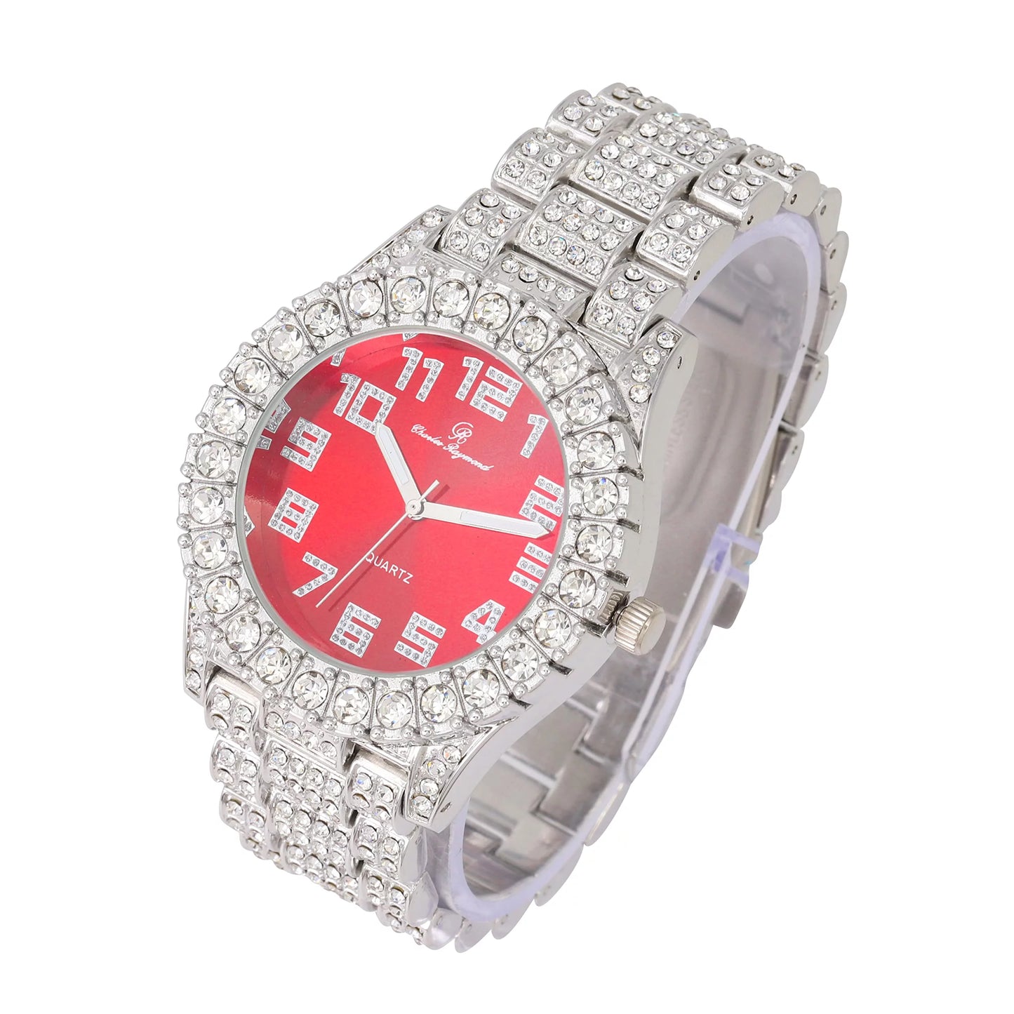 - Blinged Red Hop Out Dial Big Watch Colorful Silver Single Charles Mens Raymond ST10327AR Iced Rocks Blood Out with Hip Numerals Fully