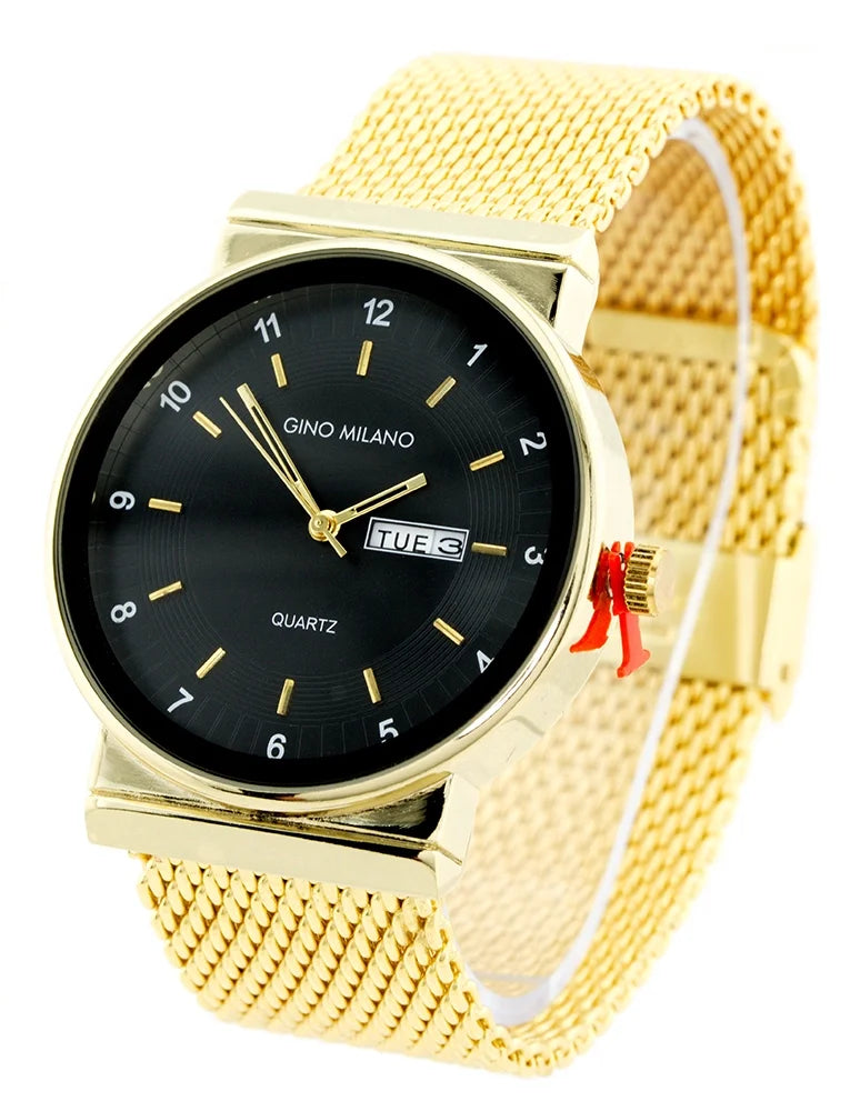 strap Black day 23mm fits Gold-Tone business dial, wide date 9 gold-tone metal 9mm wrists. date Mens mesh black thick. day window, inches calendar watch,43mm, clubbing