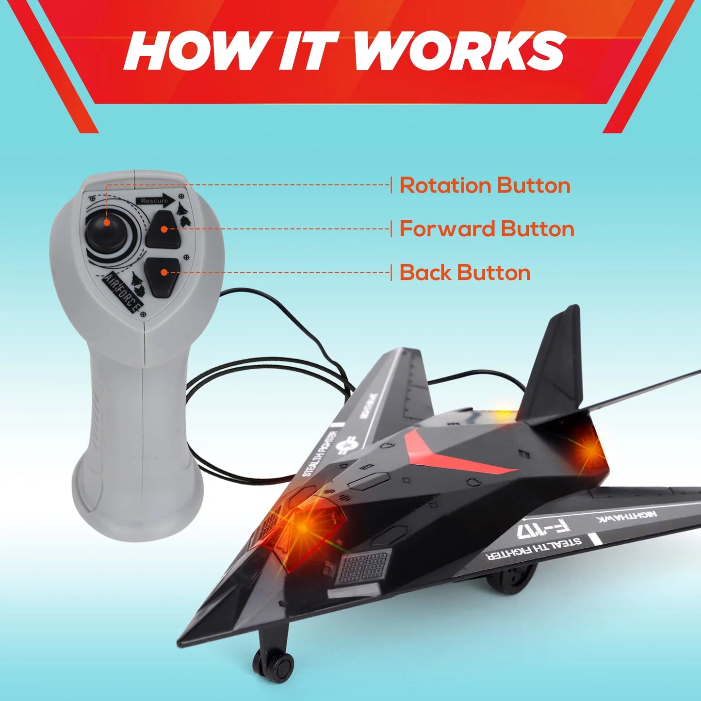 Toddlers 3+, Control Wire, Toy Airplane with Fighter Lights Sounds Playkidiz Ages Wired Perfect with Stealth for Plane, Remote 43" &