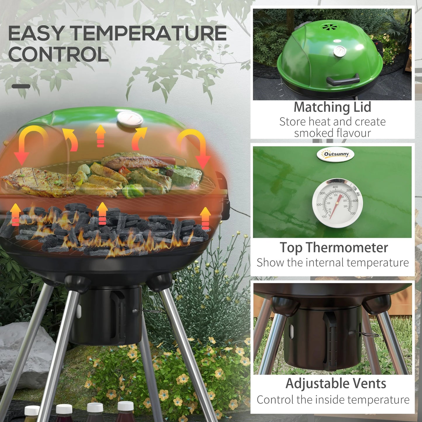 Thermometer Grill Sq.In. for CoSoTower Shelf, Wheels, BBQ Ash Outdoor Party, Green Patio, 360 Area, and Cooking Charcoal Backyard Trolley Kettle 21" Catcher Barbecue with with Built-In