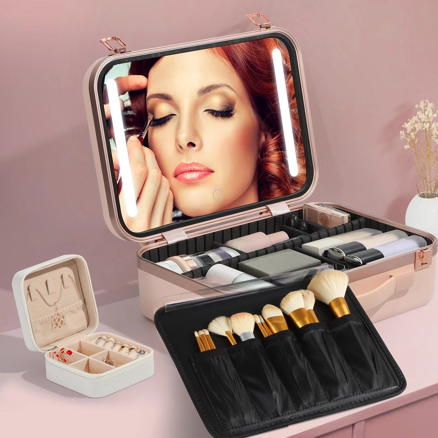 & Case Light Box with Jewelry Organizer Pink ZXMT & Makeup Case 15" Mirror with Cosmetic Brushes Train Board