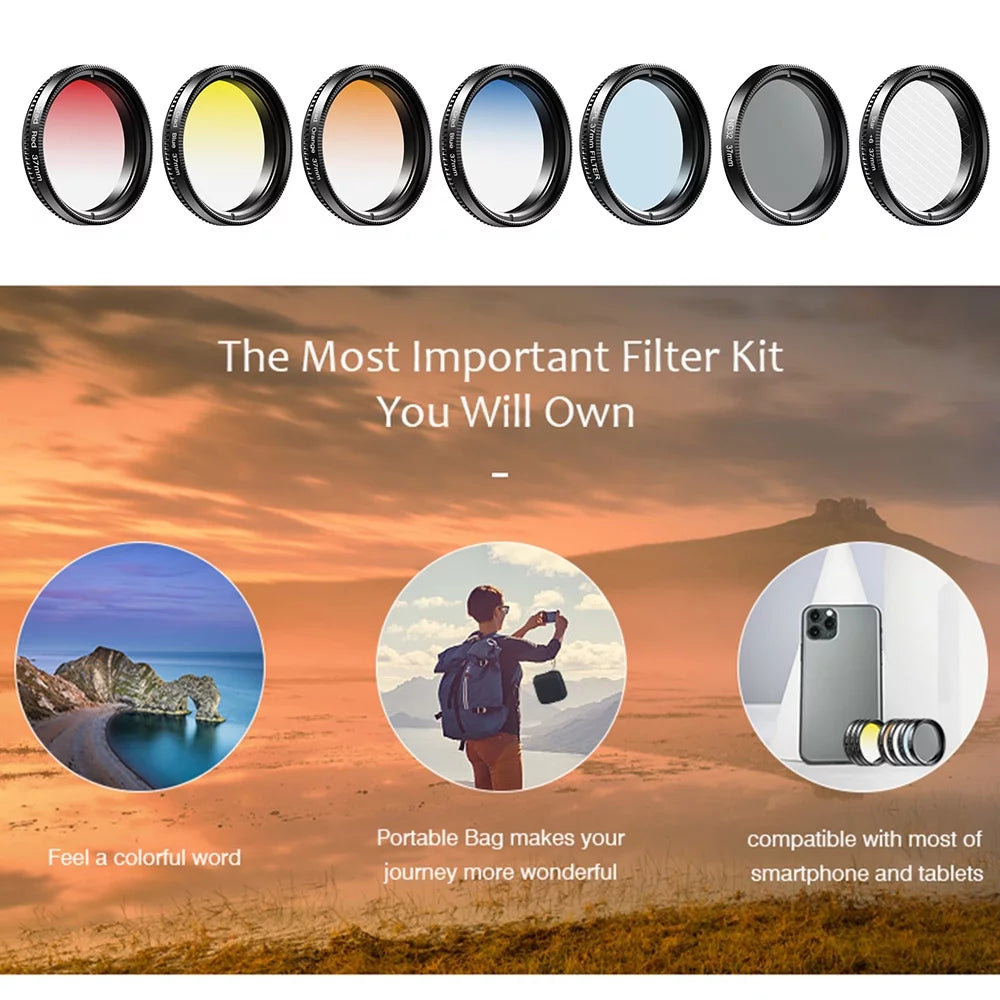 with Filter Smartphones Kit Filters Lenses CPL Suitable Professional Red Graduated Camera 37mm for Blue and Yellow APEXEL 7in1 Star Phone Most APL-37UV-7G Orange 37mm Lens