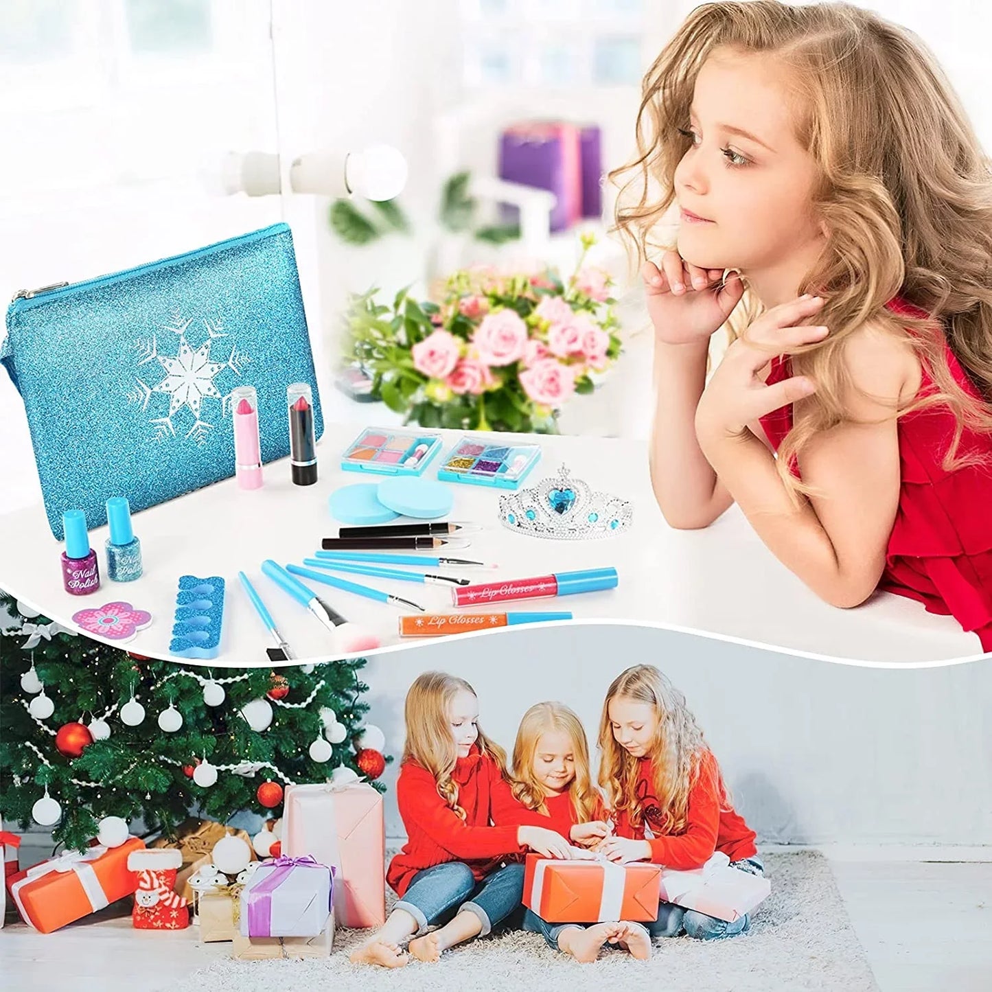 & Set Makeup Girls with Pcs Safe Kids Makeup Princess, Toddler 24 Washable Real Makeup Kids Kit Frozen Gift Set for for Toy Cosmetic Years Old Non-Toxic Toys 3-12 (Blue) for Kit Girls, Makeup Bag,