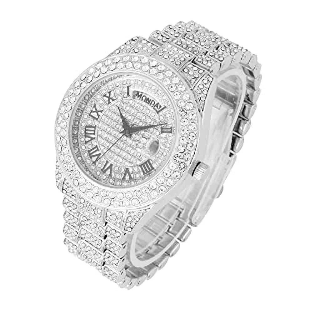 &Day Watch w/Easy Big - Out Timepiece Out Iced Rocks Designer Fully Blinged ST10535 (ST10535-RN Hop Read Silver) Dials- Raymond and Date Hip Mens Colorful Charles Diamond