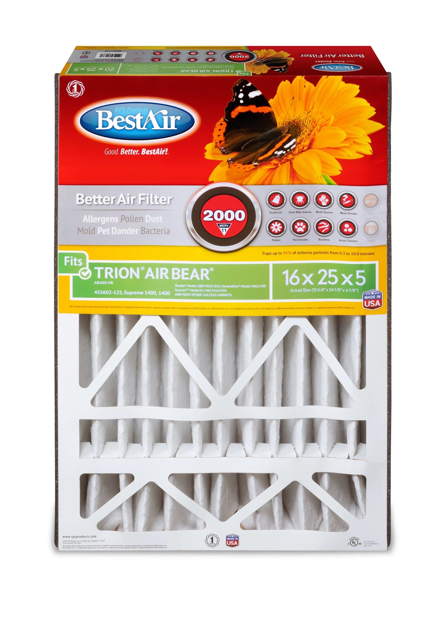 2000 BestAir Trion/AirBear 16x25x5 Series MERV 11 Furnace Filter AB1625-11R